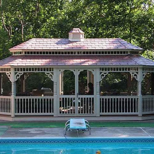 12x24 Oval Vinyl Gazebo: Colonial Style, Almond Vinyl, Cupola, Pagoda Roof, Turned Posts, Victorian Braces, Screen Package, Rubber Slate Shingles