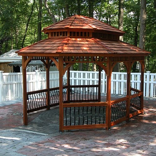 12x16 Oval Wood Gazebo: Baroque Style, Pagoda Roof, No Floor, Cedar Stain, Cedar Shake Shingles