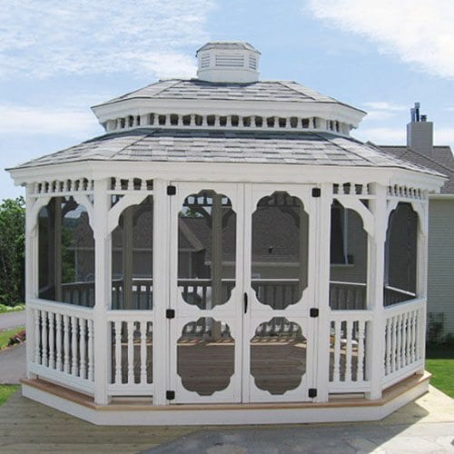 10x14 Oval Wood Gazebo: New England Style, Cupola, Pagoda Roof, Screen Package, Painted White, Asphalt Shingles