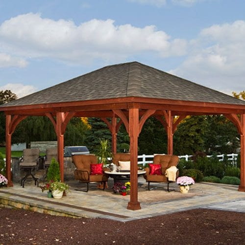 16x20 Traditional Wood Pavilion: Canyon Brown Stain, Asphalt Shingles - Dual Gray