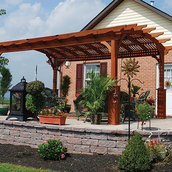 12x17 Hearthside Wood Pergola: Canyon Brown Stain, Lattice Roof, Superior Post Trim