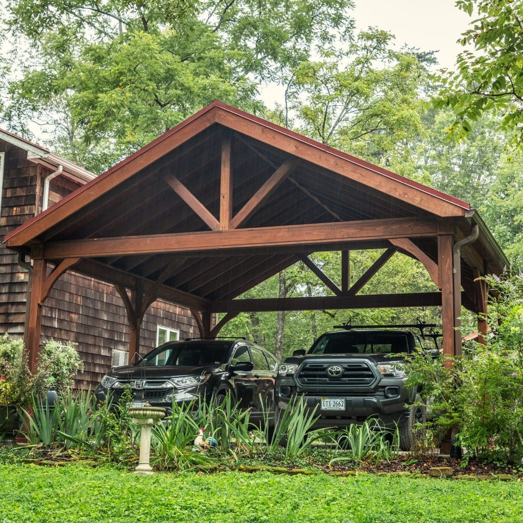 20x20 A-Frame Wood Pavilion: Canyon Brown Stain, Metal roof